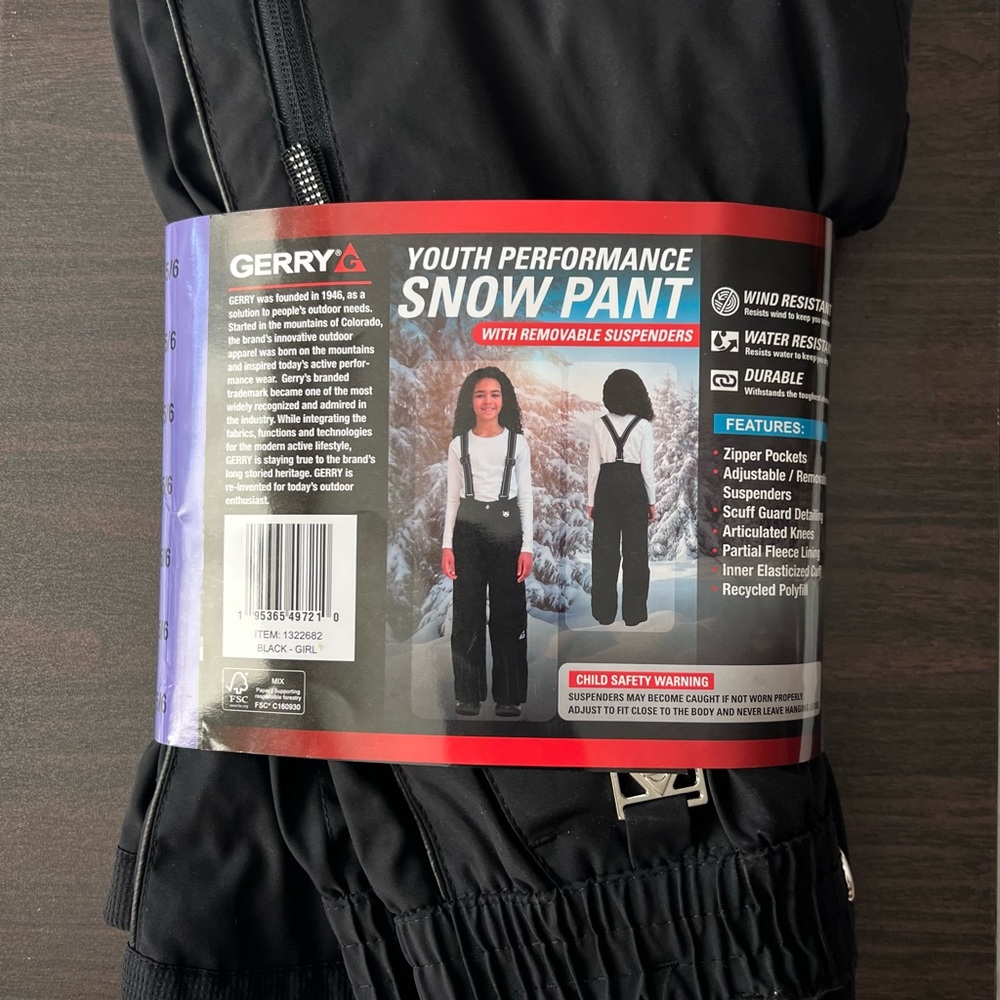 GERRY YOUTH PERFORMANCE SNOW PANT
WITH REMOVABLE SUSPENDERS Size XS 5-6 Girls